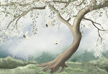 Fototapeta Strom v mlze s letícím jeřábem ft 389626202